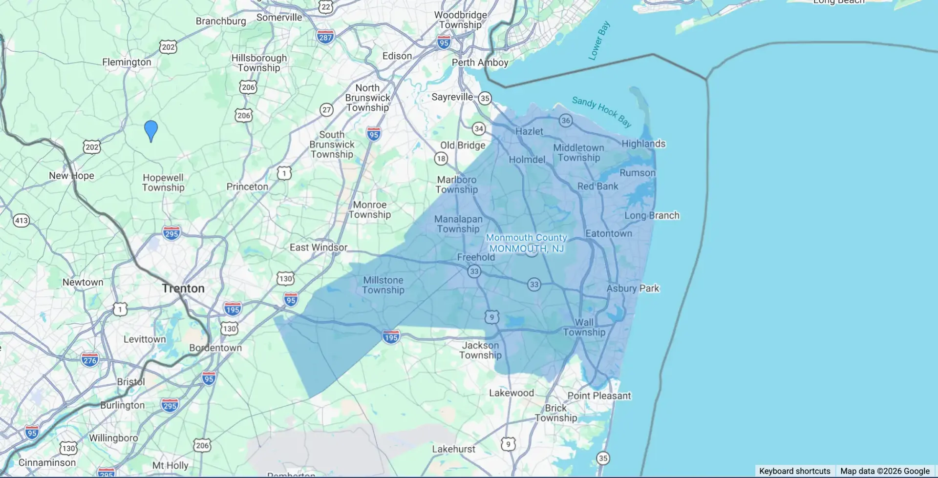 map of part of new jersey with monmouth county highlighted